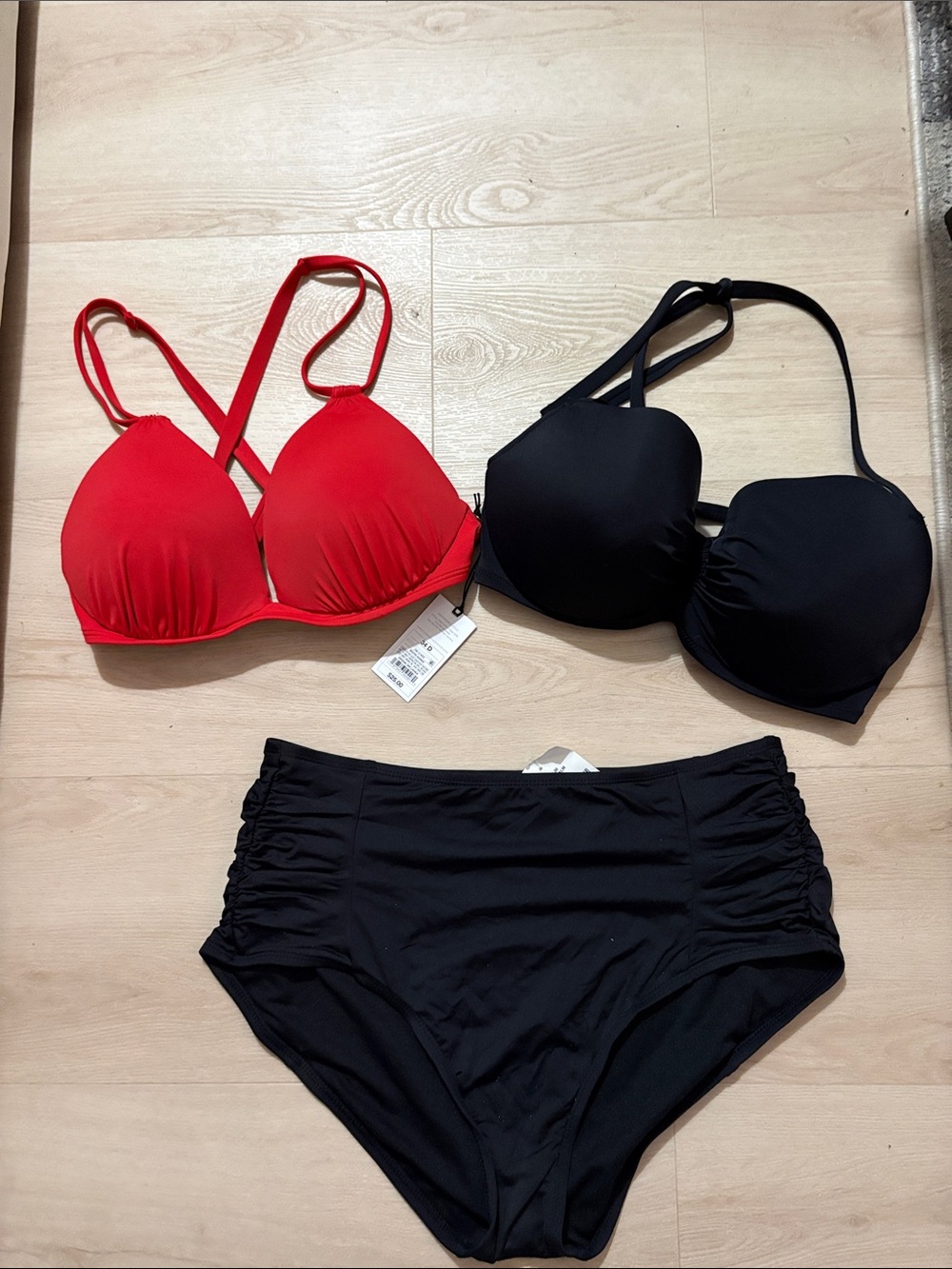 Red & Black Bikini Top Trio with High-Waist Black Bottoms New